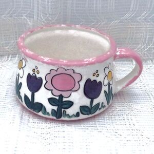 Vintage Handmade Ceramic Soup Mug with Purple and Pink Flowers, Soup Cup White